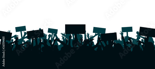 Set hands up revolution. Silhouettes of crowd of people with raised up hands and flags. Protest, revolution, strike, demonstration concept. Political, human rights protest, power and solidarity