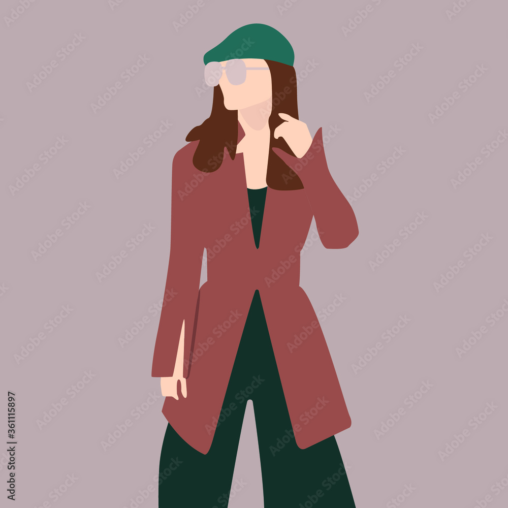 young and stylish girl in a coat and glasses, vector illustration, model