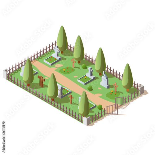 3d vector illustration of graveyard with wooden crosses and granite tombstones, isolated on white background. Isometric rows of gravestones in cemetery. Old burial place of the dead, eternal peace.