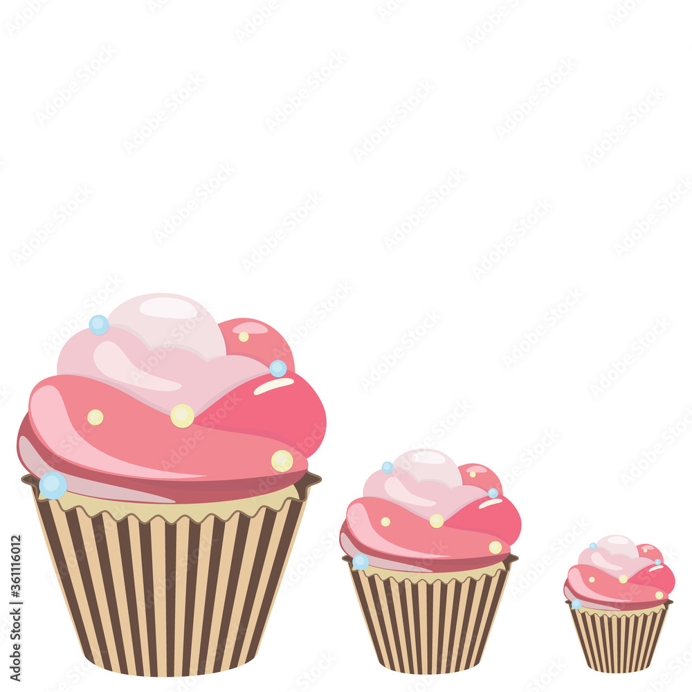 Cupcake set. Sweet creamy desserts muffins with frosting flavors decoration, delicious confectionery and baking.