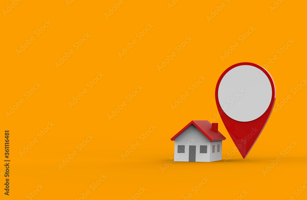 Location icon and house isolated on orange background. 3D Illustration. Location icon and house isolated on orange background. 3D Illustration.