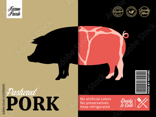 Vector pork packaging or label design. Pig silhouette. Pork meat background