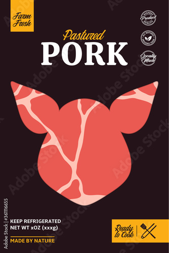 Vector pork packaging or label. Pig icon. Pork meat texture. Butcher's shop design elements