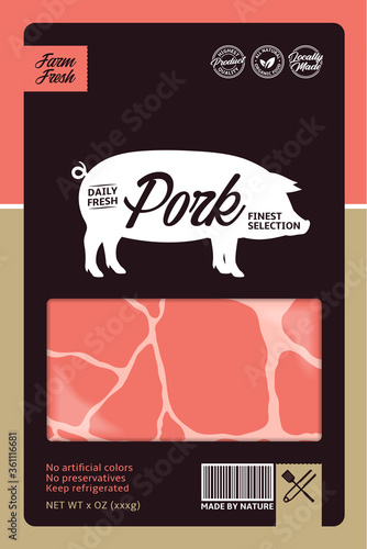 Vector pork packaging or label design concept. Pig silhouette. Butcher's shop or cattle farming design elements