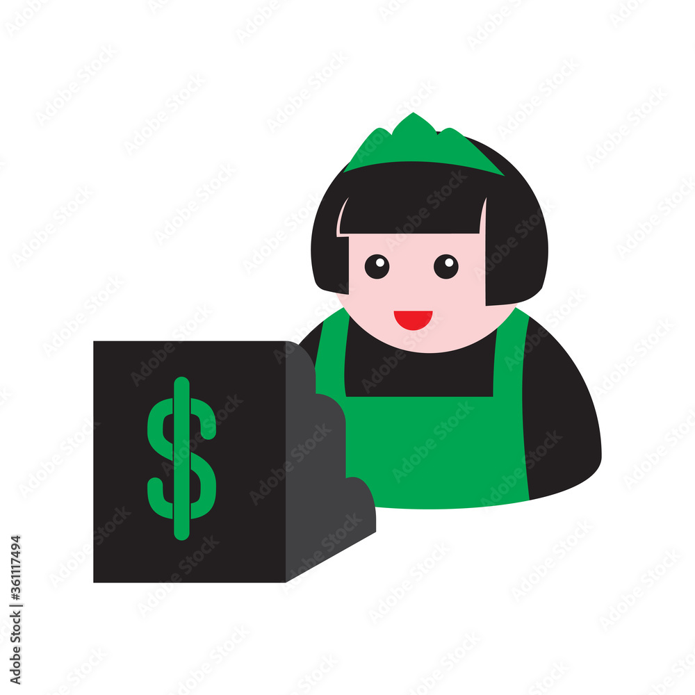 seller and cash register icon on a white isolated background. Vector image seller and cash register icon on a white isolated background. Vector image