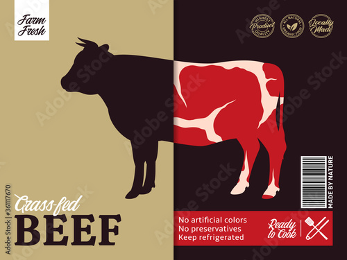 Vector beef packaging or label design. Bull silhouette. Meat beefsteak background