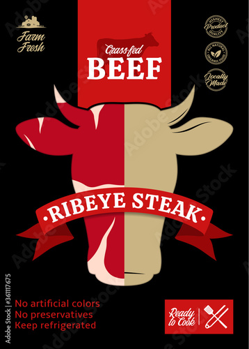 Vector beef packaging or label design. Cow icon and silhouette. Meat beefsteak texture