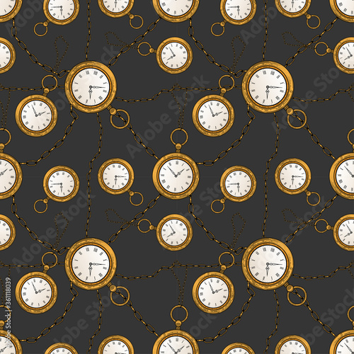 Vintage seamless pattern with retro pocket watch. Vector illustrartion