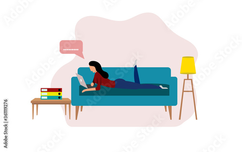 ASIAN WOMAN WORKING WITH LAPTOP LYING DOWN SOFA, WORK FROM HOME