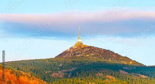 Jested Mountain with modern hotel and transmitter on the top. Extraordinary view from Krizany  Czech Republic