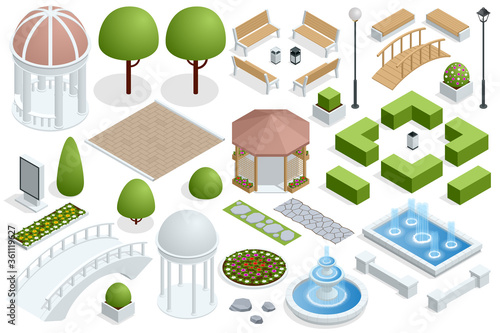 Isometric icon set for construction beautiful city parks. Buildings city garden park furniture. City park set with isolated elements