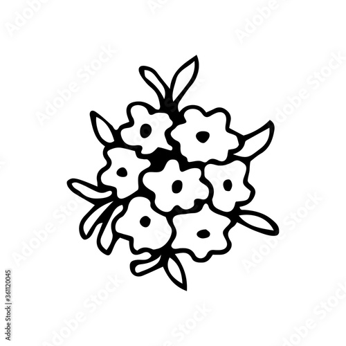 Hand-drawn black outline vector sketch. A simple bouquet of small flowers is isolated on a white background. For prints  sticker  label  logo  postcard. Spring summer season. Garden element  nature.
