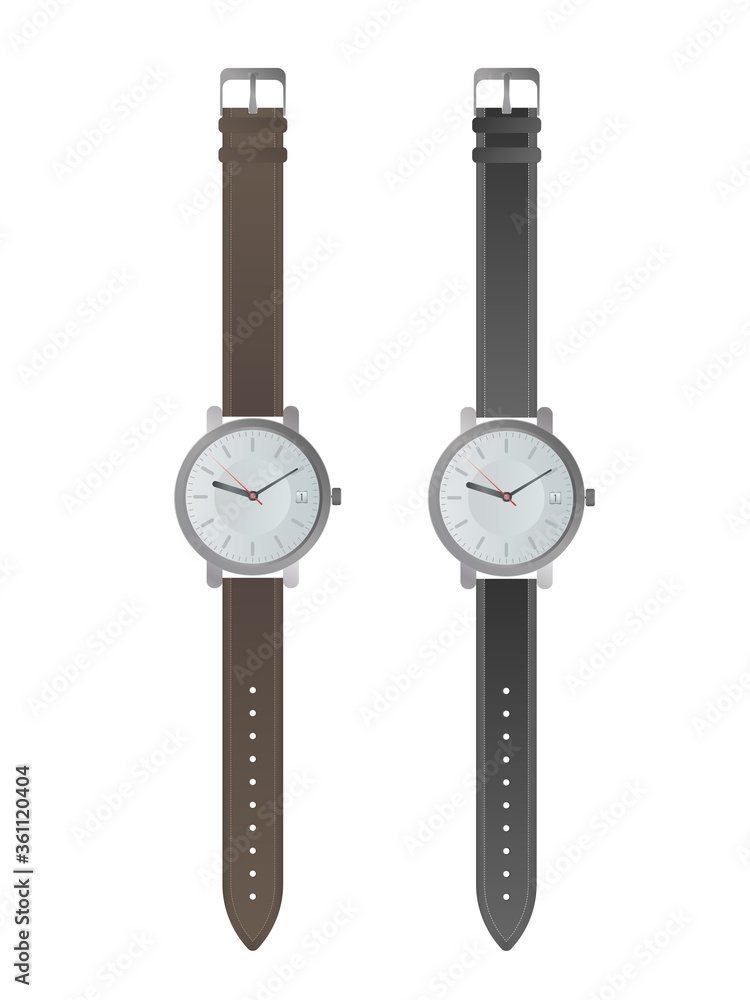 Set of classic men's watches. Wristwatch with a leather strap. Isolated. Realistic vector. Set of classic men's watches. Wristwatch with a leather strap. Isolated. Realistic vector.