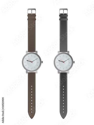 Set of classic men's watches. Wristwatch with a leather strap. Isolated. Realistic vector.