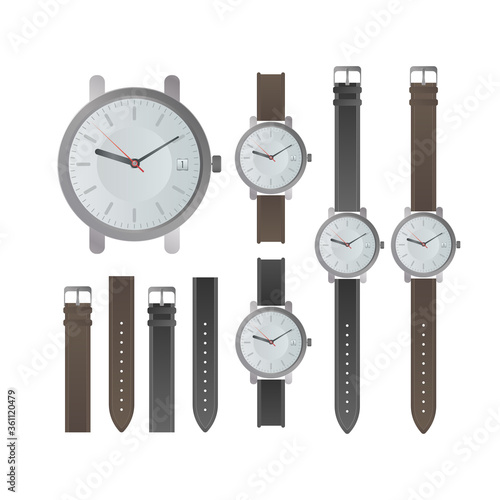Set of classic men's watches. Wristwatch with a leather strap. Isolated. Realistic vector.