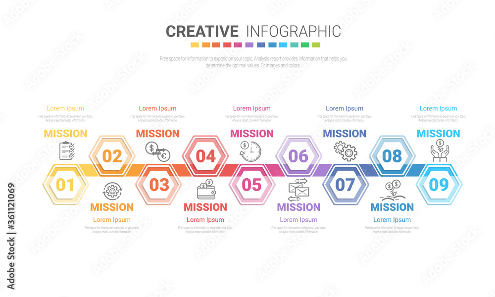Presentation business infographic template, Abstract infographics number options template with 9 steps. Vector illustration. Presentation business infographic template, Abstract infographics number options template with 9 steps. Vector illustration.