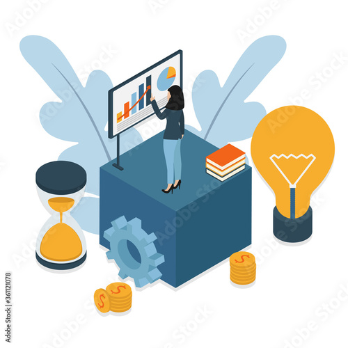 Business concept. Businesswoman. Finance, time runs out on an hourglass, analytical analytical information about the company. Flat isometric character.