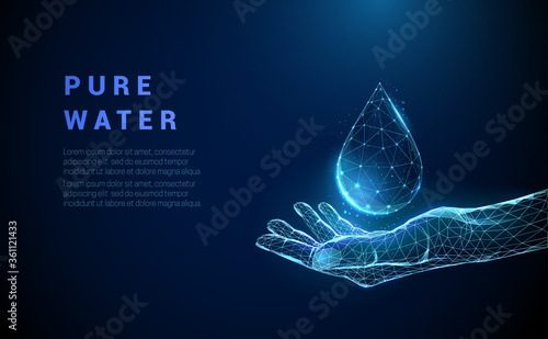 Low poly abstract hand holding drop of water.