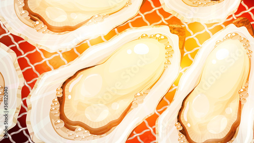 網焼きにする牡蠣の背景イラスト_海鮮焼き_熱々_16:9