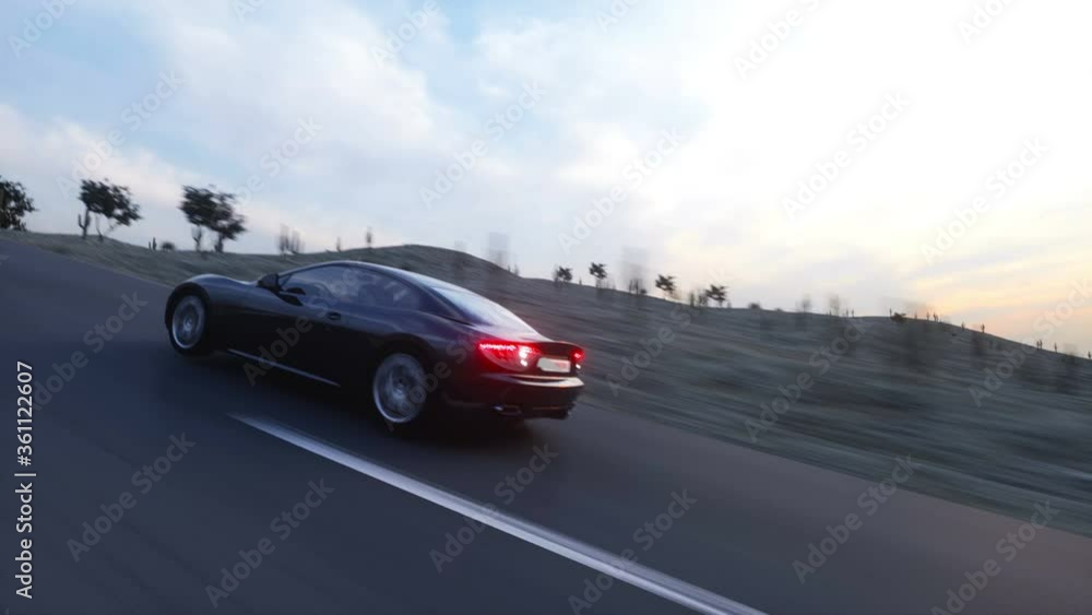 Black sport car on road, highway. Very fast driving. Wonderfull sunrise. Super realistic 4K animation. Black sport car on road, highway. Very fast driving. Wonderfull sunrise. Super realistic 4K animation.