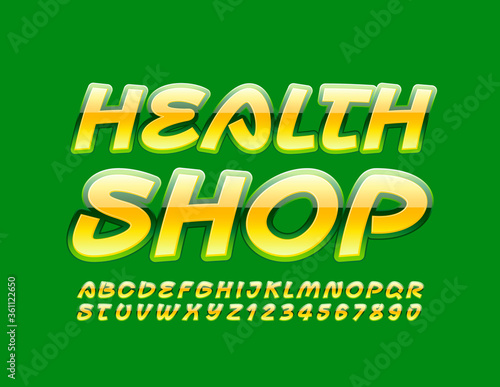 Vector business logo Health Shop with Creative Glossy Font. Yellow and Green Alphabet Letters and Numbers