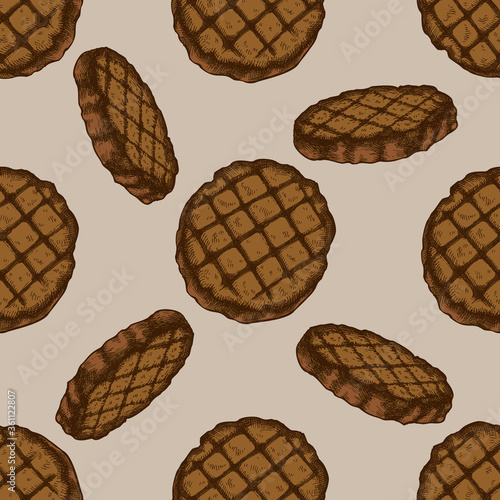 Seamless pattern with hand drawn colored grilled burger patties