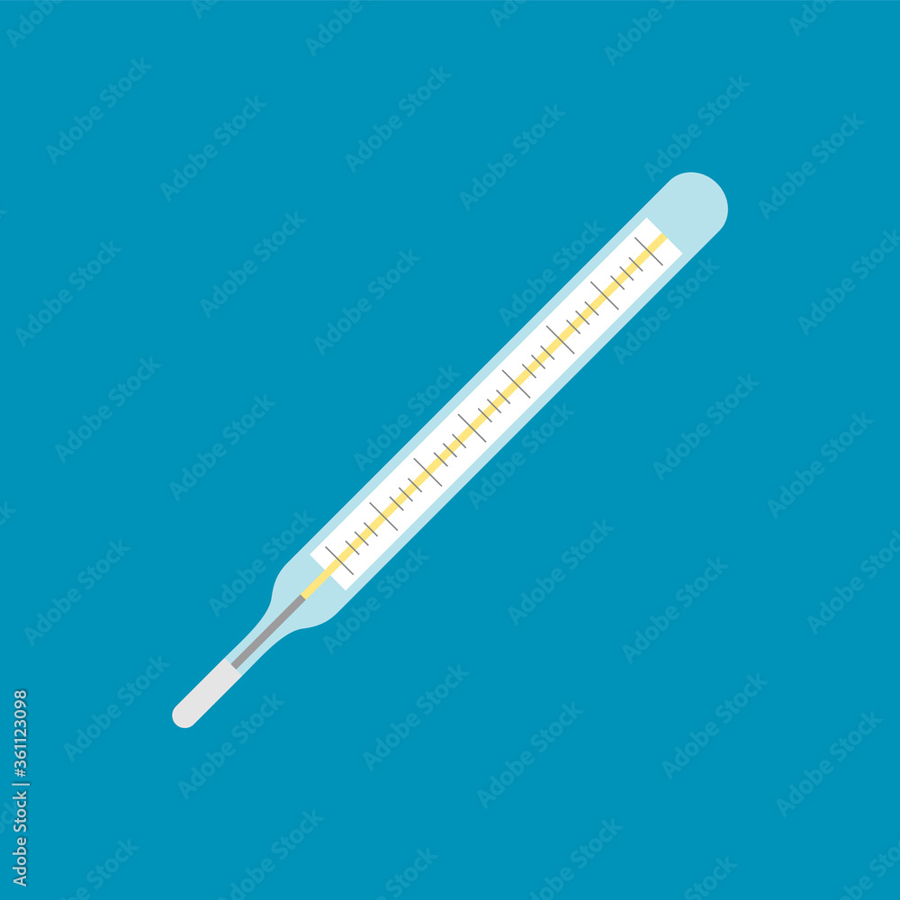 Old fashioned glass thermometer for body temperature measurement on blue background. A thermometer with mercury for accurate measuring. Fever diagnostic medical tool. Vector illustration, clip art. Old fashioned glass thermometer for body temperature measurement on blue background. A thermometer with mercury for accurate measuring. Fever diagnostic medical tool. Vector illustration, clip art.
