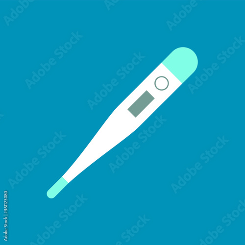 White digital thermometer on blue background. Body temperature measurement tool. Electronic medical thermometer. Having a fever, checking disease symptoms concept. Vector illustration, flat, clip art 