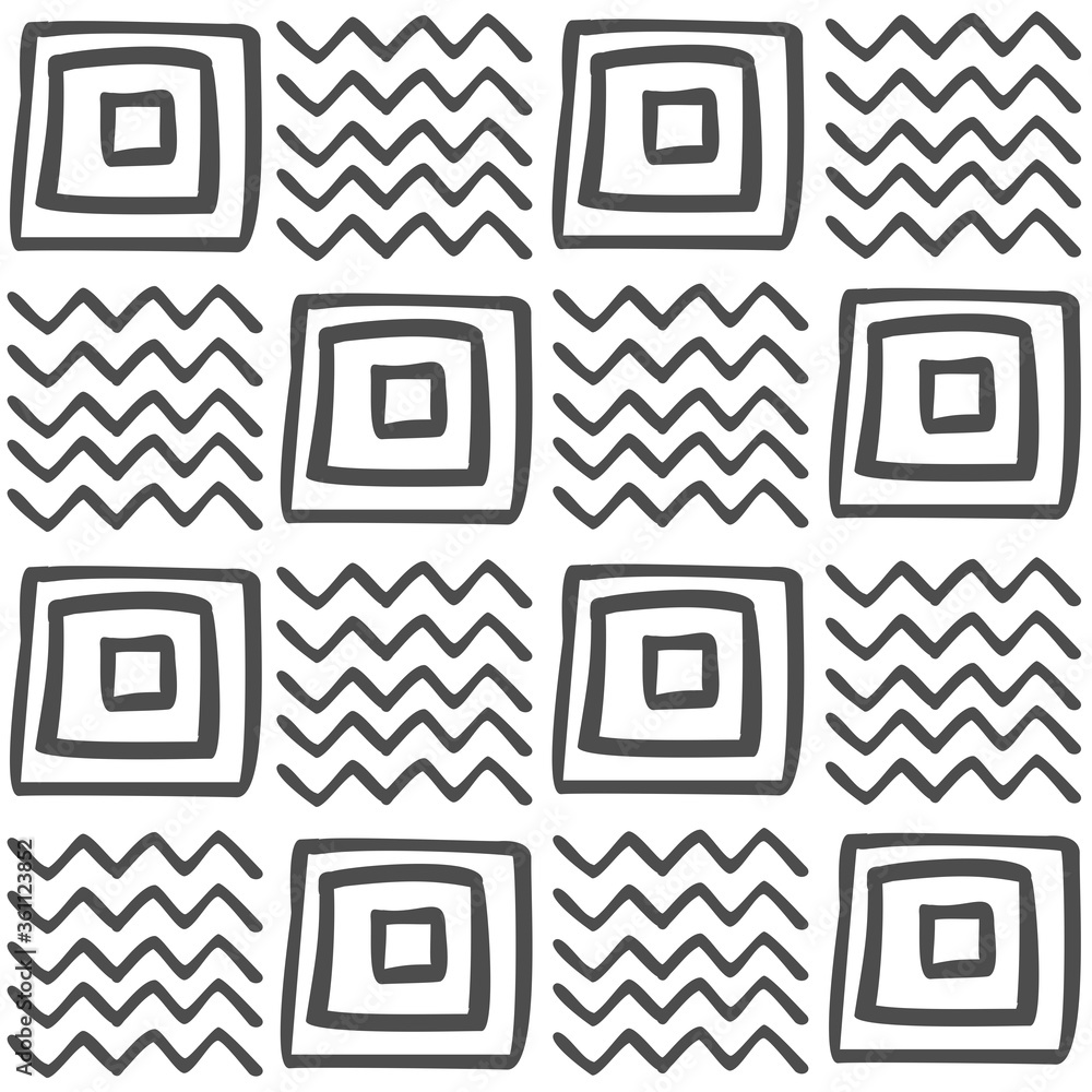 Vector seamless black and white geometric pattern of hand-drawn squares and zigzags. Black pattern on a white background. For decor, textile, fabric, carpet, wallpaper, ceramic tiles, wrapping paper. Vector seamless black and white geometric pattern of hand-drawn squares and zigzags. Black pattern on a white background. For decor, textile, fabric, carpet, wallpaper, ceramic tiles, wrapping paper.