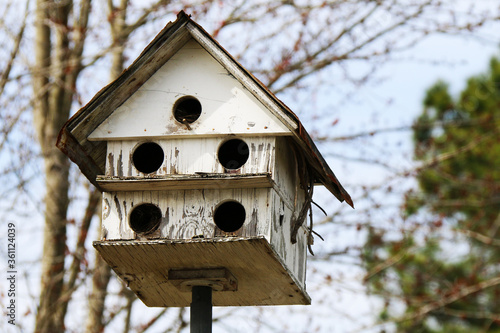 an old white multiple hole rural country birdhouse