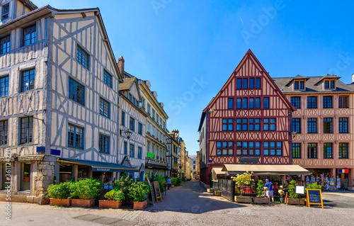 Street with timber framing houses in Rouen, Normandy, France. Architecture and landmarks of Rouen. Cozy cityscape of Rouen
