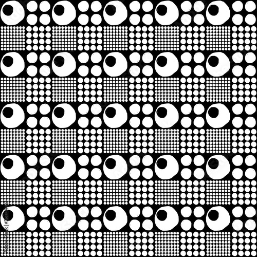 Vector seamless geometric pattern of hand-drawn white circles of different sizes on a black background. For decor, textile, fabric, carpet, wallpaper, ceramic tiles, wrapping.