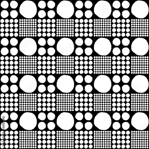 Vector seamless geometric pattern of hand-drawn white circles of different sizes on a black background. For decor, textile, fabric, carpet, wallpaper, ceramic tiles, wrapping.