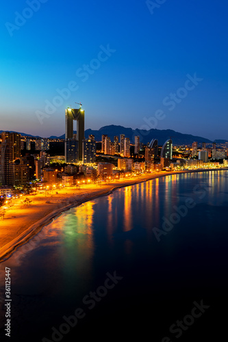 Benidorm city landscape at night from above, Alicante province, Spain