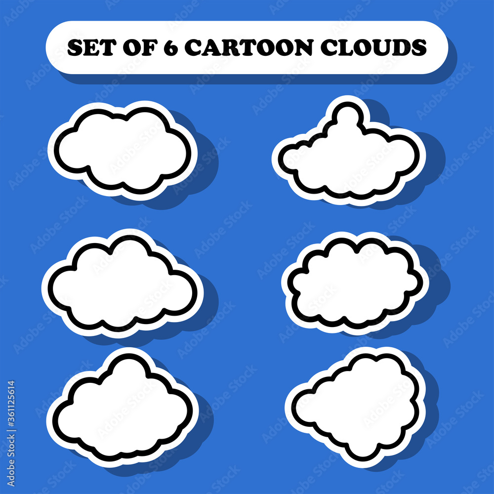 Set of white clouds with black outlines and shadows for your UI design, website or game. Simple clouds in the sky. Eps 10 vector