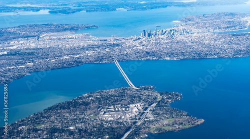 Photography Aerial view of the Mercer Island, Homer Hadley Memorial Bridge and Lacey Murrow