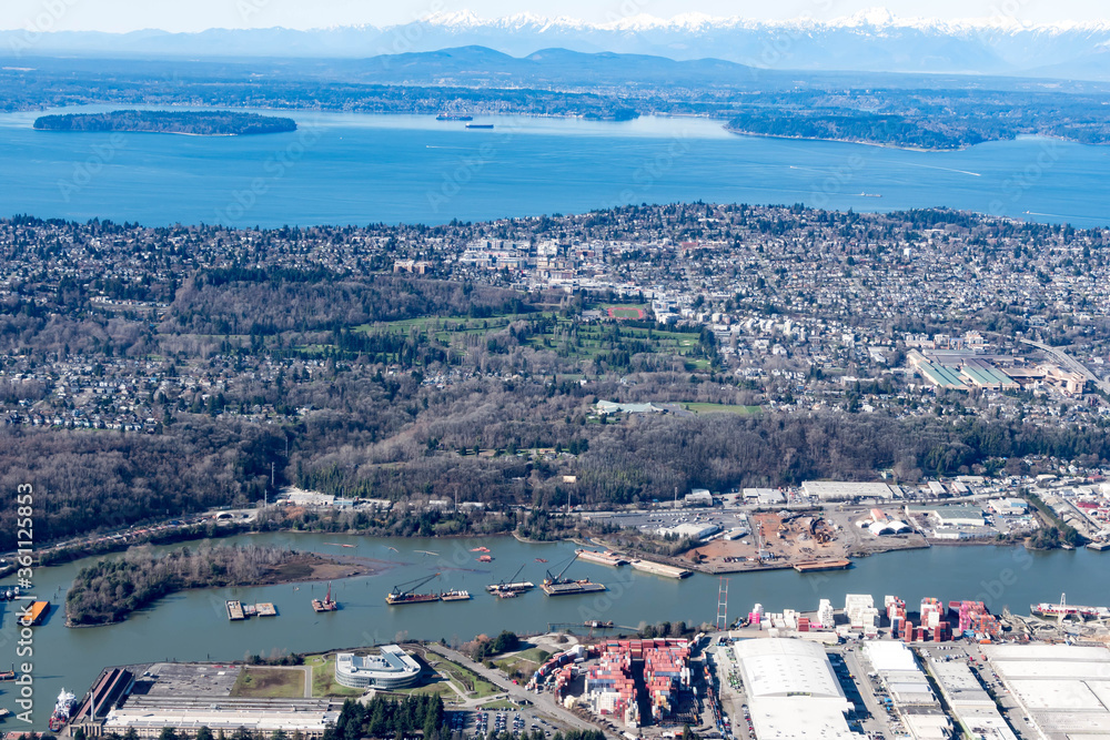 Aerial view of the Mercer Island, Homer Hadley Memorial Bridge and Lacey Murrow bridge Seattle USA