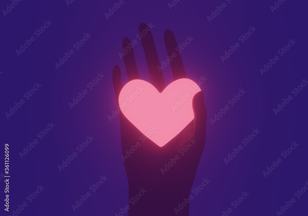 Hold a luminous bright heart in hands. Giving a heart, love. Heart symbol in hands. 3d illustration Hold a luminous bright heart in hands. Giving a heart, love. Heart symbol in hands. 3d illustration
