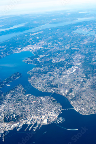 Aerial view of the Mercer Island, Homer Hadley Memorial Bridge and Lacey Murrow bridge Seattle USA © Bill