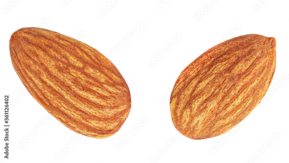 Almond Nuts. Closeup of almonds isolated on the white background. Flat lay Almond Nuts. Closeup of almonds isolated on the white background. Flat lay