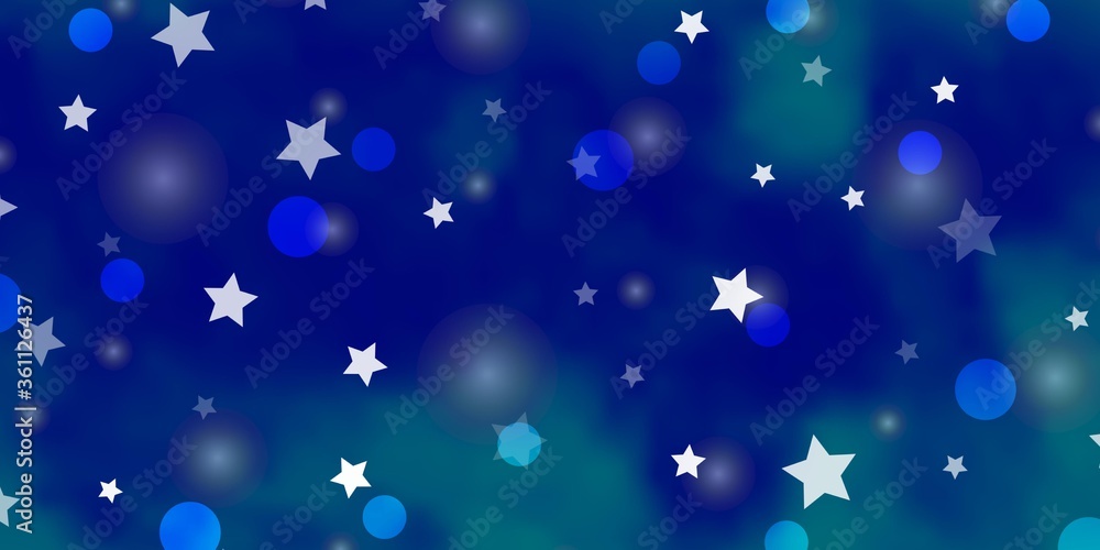 Light BLUE vector backdrop with circles, stars. Colorful disks, stars on simple gradient background. Design for wallpaper, fabric makers.