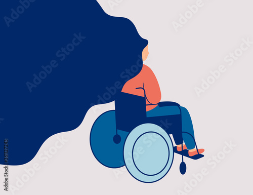Sad young woman is sitting in a wheelchair isolated on light background. Back view of female person with physical disability or impairment in a wheelchair. Vector illustration