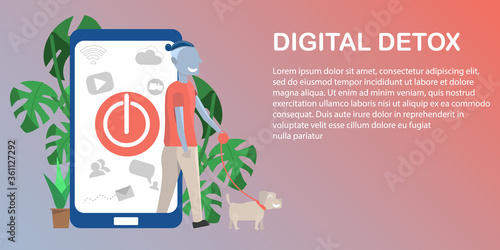 A man walking away from smartphone with his dog, social detoxing concept, turning off all social media applications