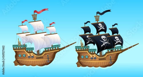 Cartoon Vector Illustration. Pirate Ship, sailing ship.