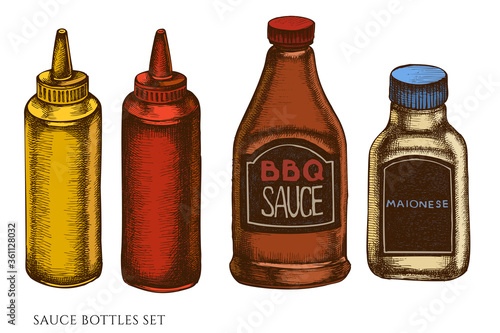 Vector set of hand drawn colored sauce bottles