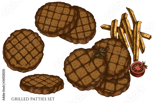 Fotografiet Vector set of hand drawn colored grilled burger patties