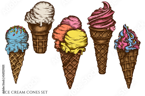 Vector set of hand drawn colored ice cream cones