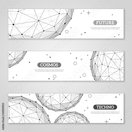 Banners set with wireframe mesh polygonal elements. Spheres with connected lines and dots. Connection Structure. Geometric Modern Technology Concept. Abstract molecules design. Medical background