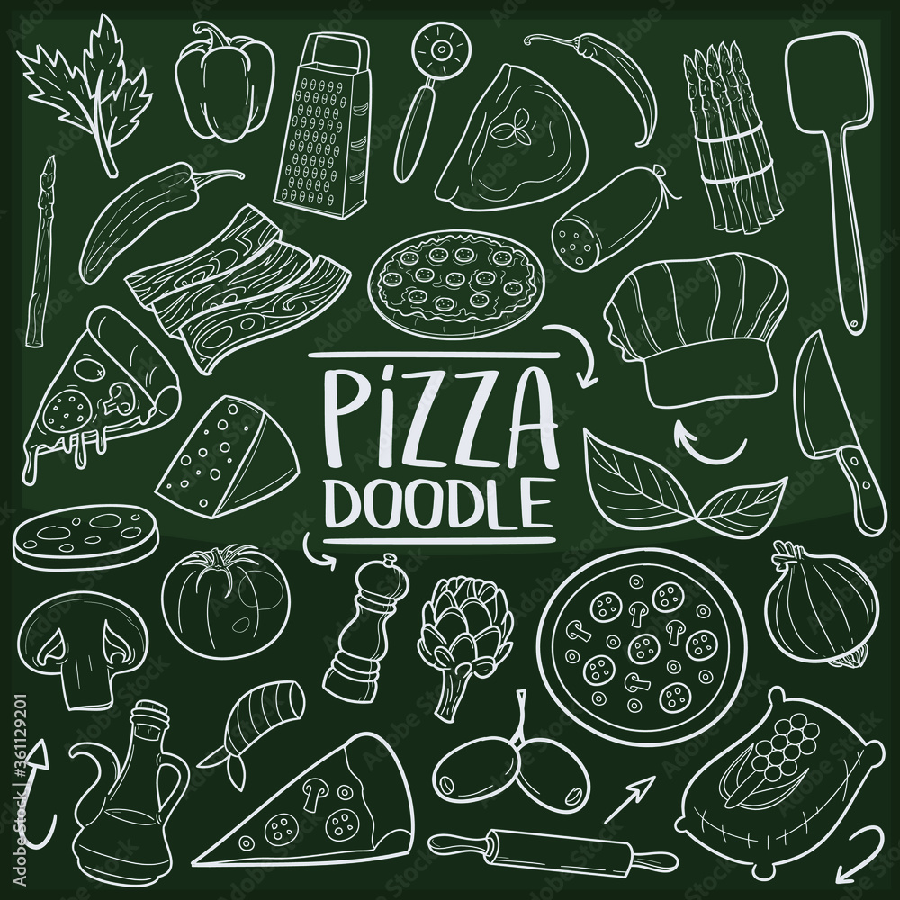 Pizza Food Traditional Doodle Icons Sketch Hand Made Design Vector Chalkboard.