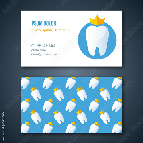 Dental Clinic Corporate Identity Template. Dentist Business Cards set. Vector illustration. Tooth with crown logotype design. Typographic template for you text.